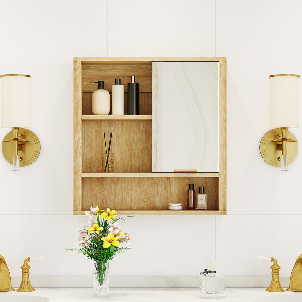 English Elm Natural Wood Tone Mdf Wall Cabinet with Mirror Open Shelves and Door for Bathroom W3875P379311
