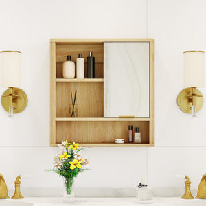 English Elm Natural Wood Tone Mdf Wall Cabinet with Mirror Open Shelves and Door for Bathroom W3875P379311