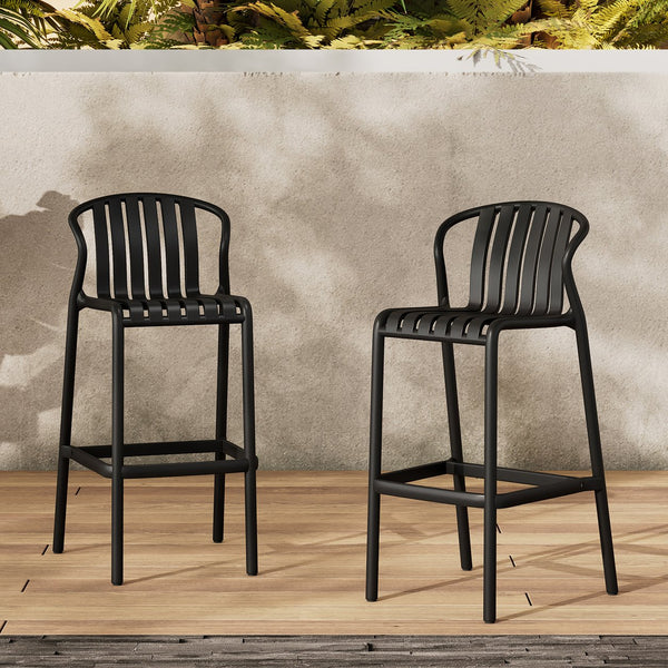 English Elm Outdoor Stackable Armless Barstools Set of 2 Uv Resistant Slat Back Patio Seating Black N780P199452B