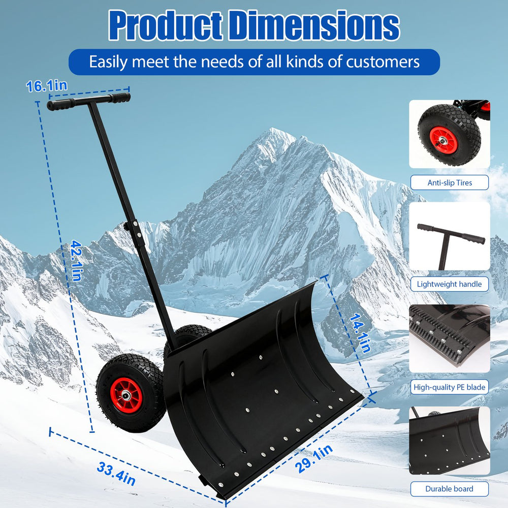English Elm 30" Carbon Steel Snow Pusher with Wheeled Frame and Adjustable Ergonomic Handle W1422P362635