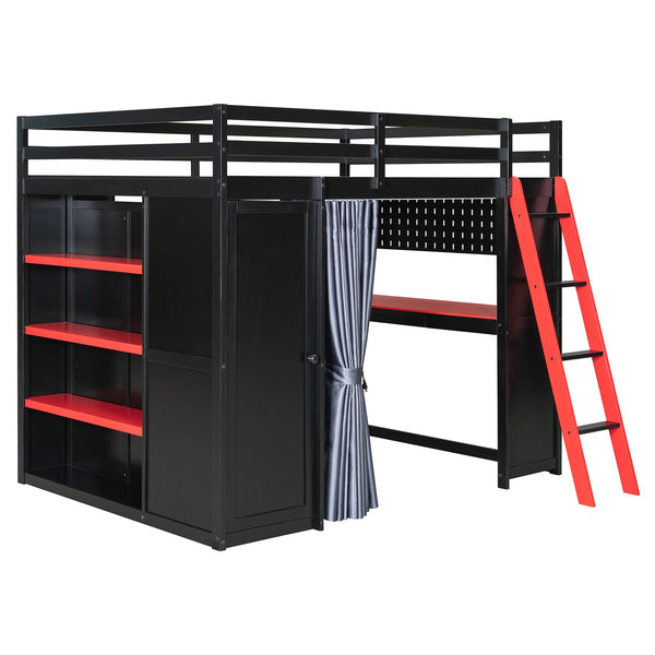 English Elm Full Size Wood Loft Bed with Wardrobe Desk Shelves Rgb Lighting and Blackout Curtains Black+Red LT000269AAJ-1