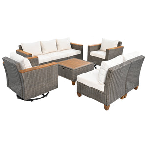 English Elm K&K 8-Piece Wicker Patio Set with 360° Swivel Rockers, Acacia Storage Table, Durable Cushions Beige+Brown N707S000016Z