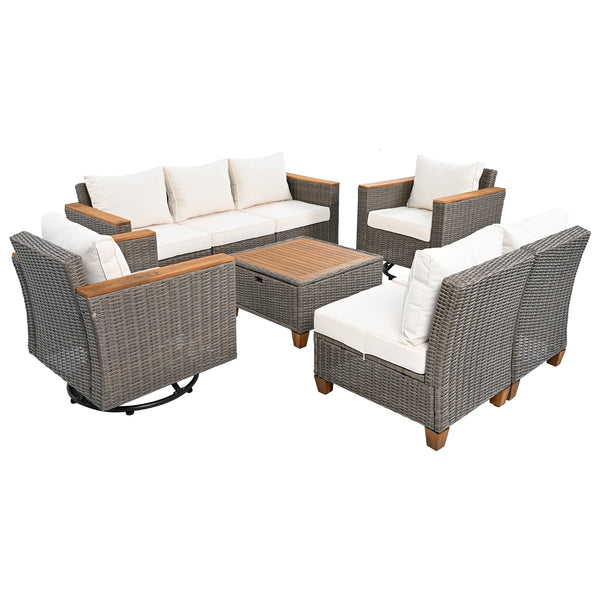 English Elm K&K 8-Piece Wicker Patio Set with 360° Swivel Rockers, Acacia Storage Table, Durable Cushions Beige+Brown N707S000016Z