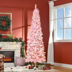 English Elm Homcom Snow Flocked Pink Pencil Christmas Tree Warm Led Lights Slim Festive Decor W2225P229399