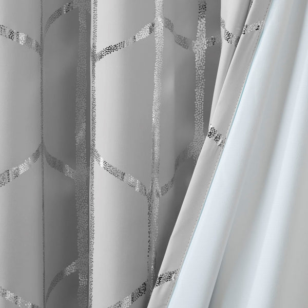 English Elm Total Blackout Metallic Raina Grommet Curtain Panels, 2-Pack 50x84, Geometric Silver Print, Energy-Saving Privacy Drapes B035129663