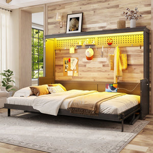 English Elm Queen Murphy Bed with Fold Down Desk Led Lighting and Usb Port for Home Office Dark Gray W1580S00457