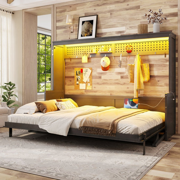 English Elm Queen Murphy Bed with Fold Down Desk Led Lighting and Usb Port for Home Office Dark Gray W1580S00457