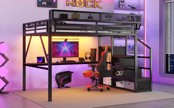 English Elm Queen Metal Loft Bed with Desk Charging Station Rgb Lighting and Storage Stairs W2580S00091
