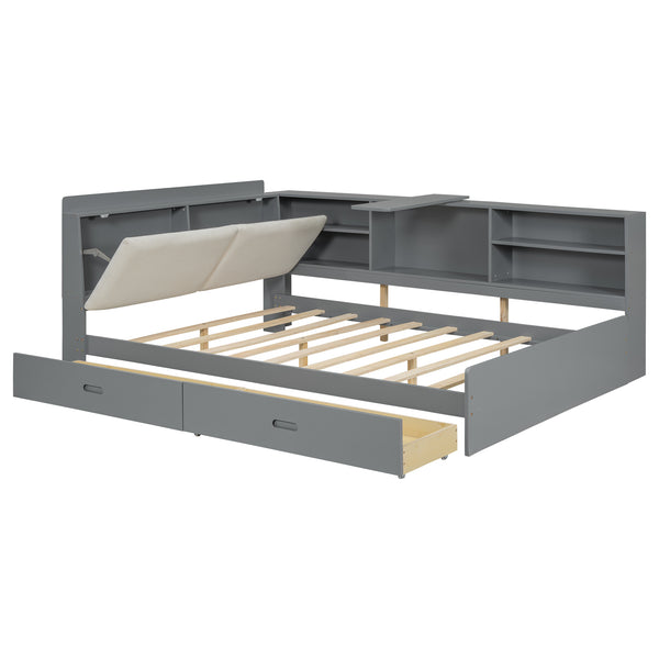 English Elm Wood Full Size platform bed with storage headboard, built-in shelves and drawers, sturdy pine frame, compact solution for small rooms Gray GX002054AAE