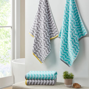 JLA Home Intelligent Design - Cotton Jacquard reversible 6‑pc towel set in rich aqua geometric print, plush 2‑ply cotton, OEKO‑TEX certified ID91-524