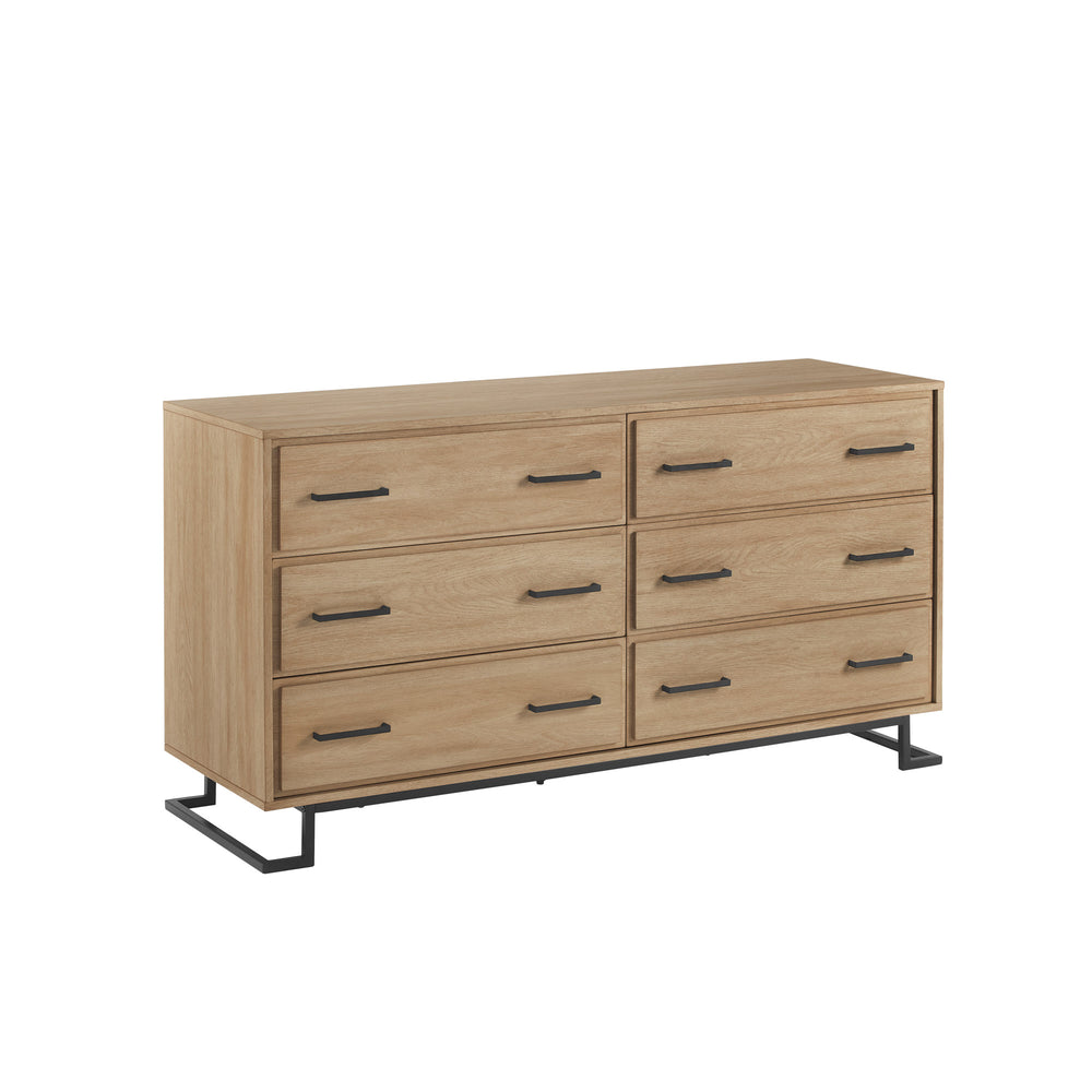 56" Contemporary Metal and Wood Dresser with Six Drawers Coastal Oak, Black DNAB5BCO-T Walker Edison