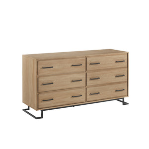 56" Contemporary Metal and Wood Dresser with Six Drawers Coastal Oak, Black DNAB5BCO-T Walker Edison