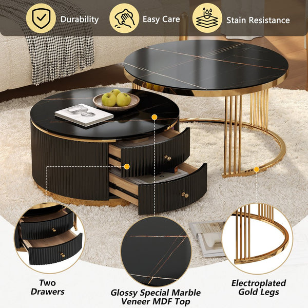 English Elm Modern Round Nesting Coffee Table Set with Gold Pedestal Legs and Storage Drawers Black N735P349323B