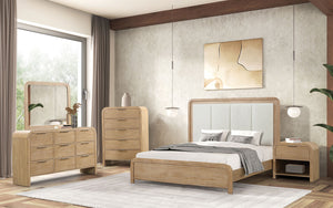 English Elm Queen Panel Bed with Floral Paneled Headboard and Antique Brass Accents, Elegant Contemporary Design Natural 24 L x 67 W x 5 H B2741S00734