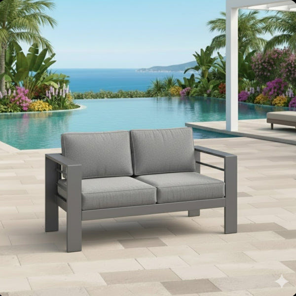 English Elm 52" Outdoor Iron Loveseat with Olefin Cushions for Patio Deck or Poolside Use Gray+Gray B082P455108
