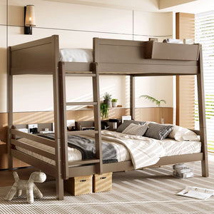 English Elm Queen Over Bunk Bed Pine Frame with Built in Shelving Detachable Vintage Style Brown W5316S00015