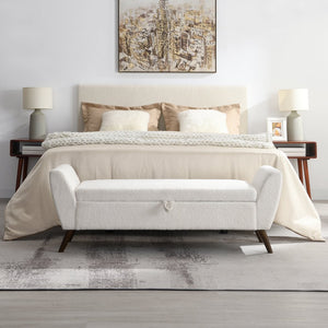 English Elm 60'' Upholstered Storage Bench Teddy Fabric Walnut Legs Mid-century Bedroom Seat Cream W2671P388093