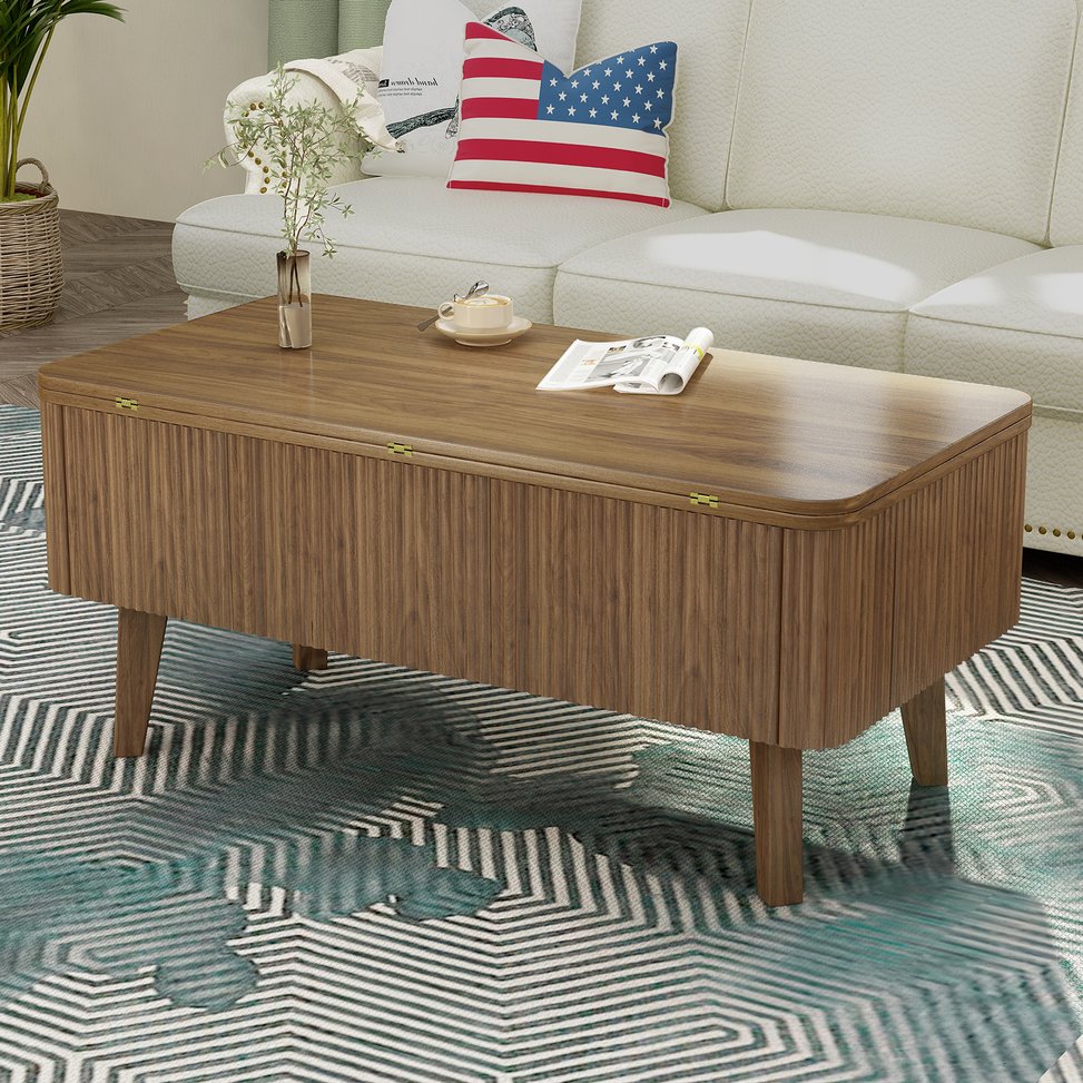 English Elm 3 in 1 Oval Lift Top Coffee Table Fluted Wood Storage Converts for Living Room W2641P422965