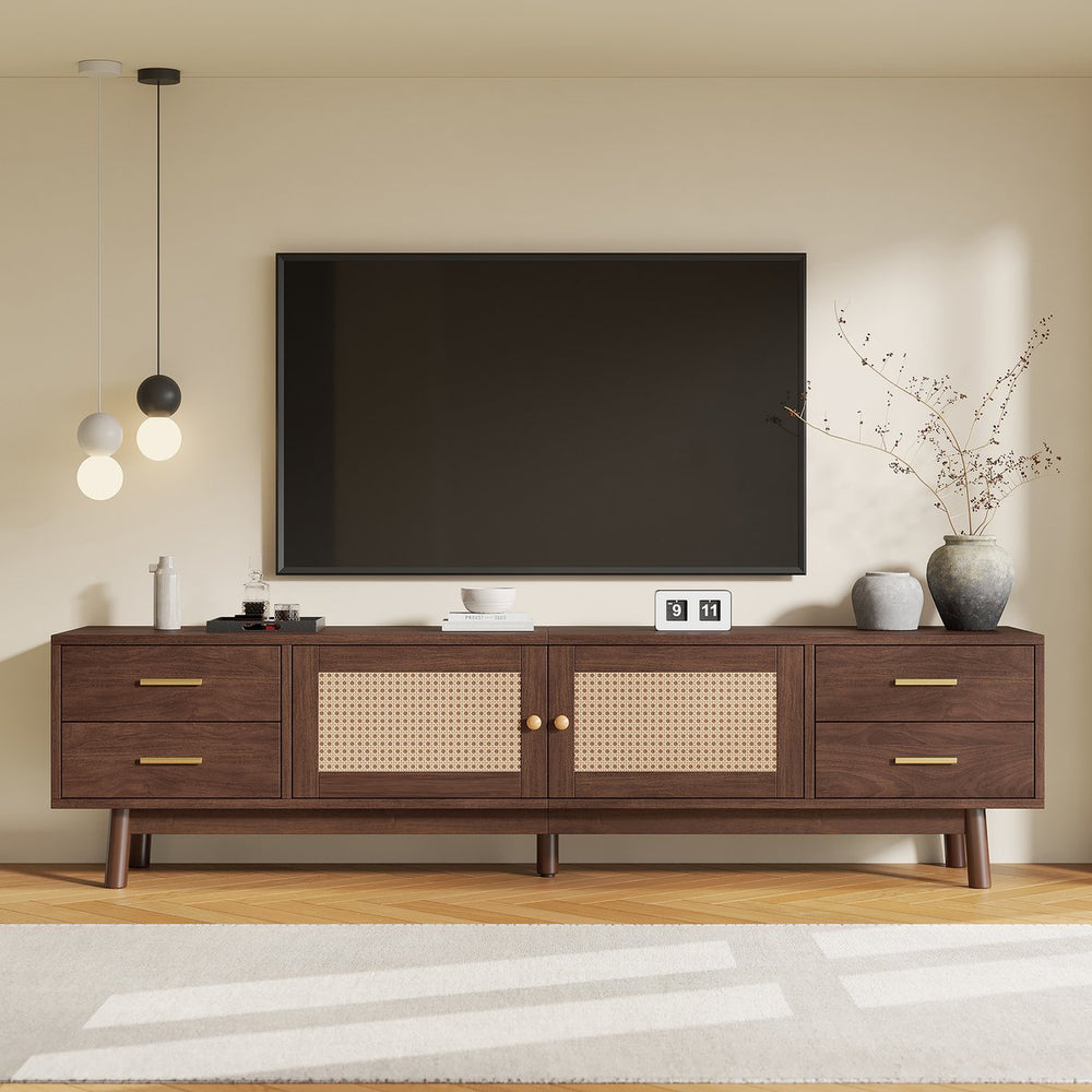 English Elm 70 Inch Mid Century Media Console with Tambour Doors Fluted Drawers and Wood Legs N710P419839P