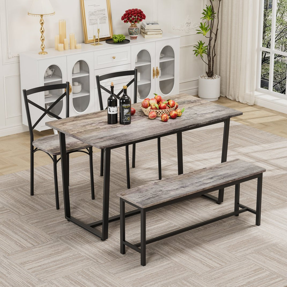 English Elm Four-piece industrial dining set with bench and backrest, solid MDF & steel frame, space-saving design Gray W578P333490