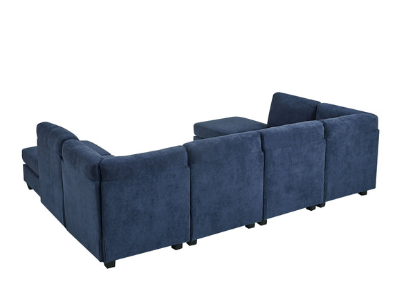 English Elm Faux Leather Modular Sectional Sofa Reconfigurable Pu Upholstery Living Room Dark Blue B2748S00181