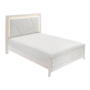English Elm Antique White Oak Queen Bed Ivory Chenille Headboard Led Glow Geometric Modern B011S01615