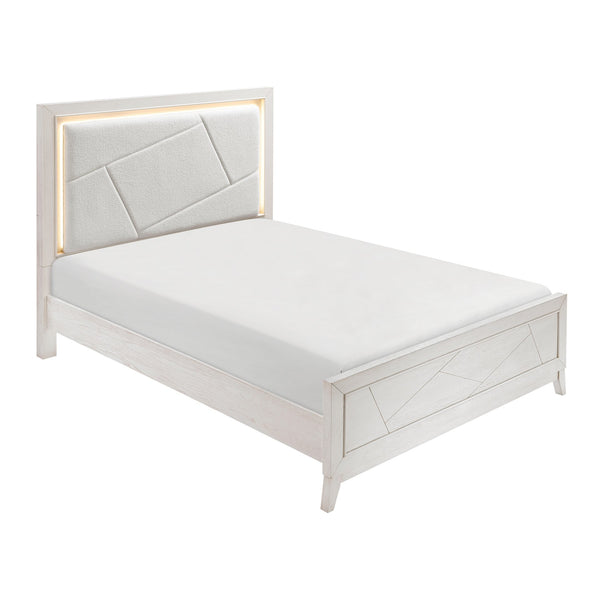 English Elm Antique White Oak Queen Bed Ivory Chenille Headboard Led Glow Geometric Modern B011S01615