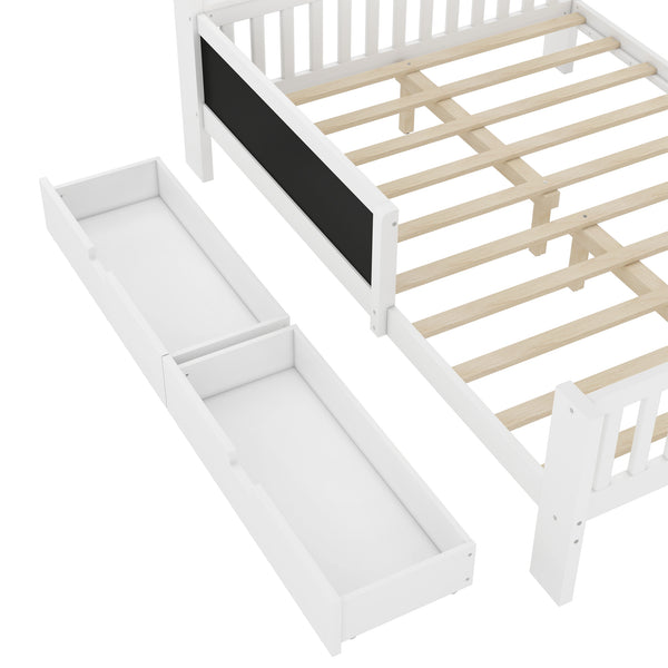 English Elm Full Solid Wood Platform Bed with Chalkboard Headboard, Storage Drawers & Shelves, Kid-Friendly White Off White W1580P362707