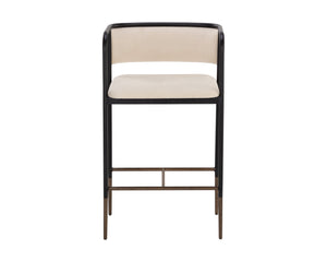 Sunpan Brenan Counter Stool - Elegant Curved Backrest, Unique Faux Leather, Black Metal Frame & Brass Caps Zenith Alabaster