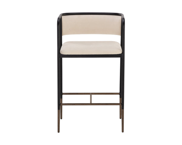 Sunpan Brenan Counter Stool - Elegant Curved Backrest, Unique Faux Leather, Black Metal Frame & Brass Caps Zenith Alabaster