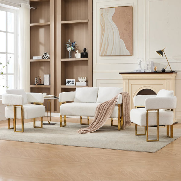 English Elm Ts Velvet Accent Chair with Gold Metal Legs Glam Art Deco Style for Living Room White+Gold W2311S00004