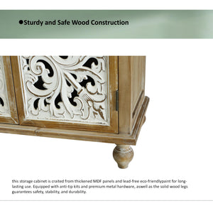 English Elm Accent Distressed Cabinet with 4 Doors - Farmhouse Sideboard Buffet, Carved Floral Fronts, Slim Storage for Entryway W2295P246504