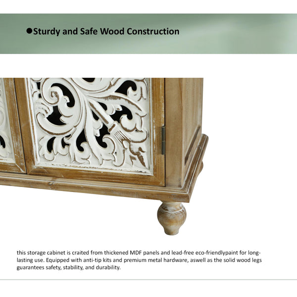 English Elm Accent Distressed Cabinet with 4 Doors - Farmhouse Sideboard Buffet, Carved Floral Fronts, Slim Storage for Entryway W2295P246504