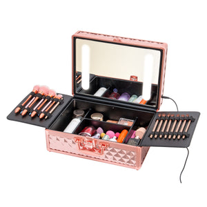 English Elm Portable Led Vanity Makeup Case Aluminum Travel Organizer with Mirror Lock Dividers W1550P163304