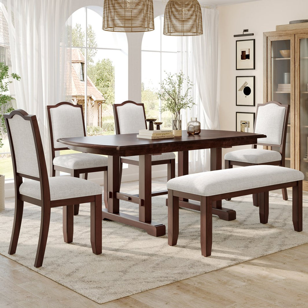 English Elm 6-piece Extendable Wood Dining Set with Linen Upholstered Chairs Bench Seats Eight Cherry N752S000097C