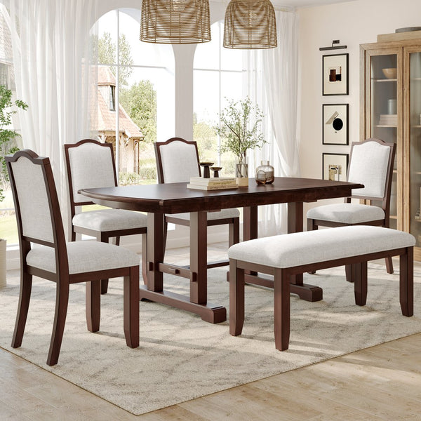 English Elm 6-piece Extendable Wood Dining Set with Linen Upholstered Chairs Bench Seats Eight Cherry N752S000097C