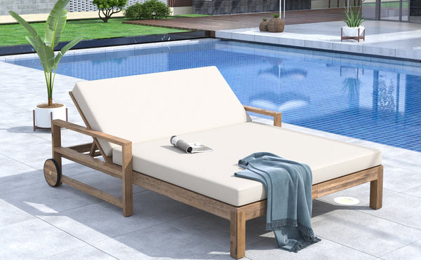 English Elm Trexm Solid Acacia Outdoor Daybed Farmhouse Slatted Frame with Adjustable Backrest TM000011AAA
