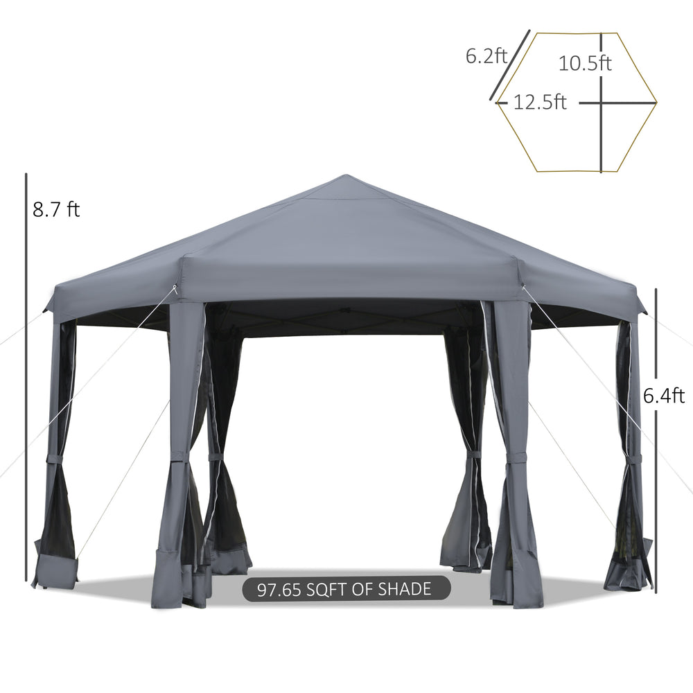 English Elm Pop up Hexagonal Gazebo with Mesh Sidewalls Powder Coated Steel Frame Outdoor Canopy T3971P389031