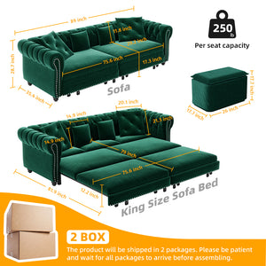 English Elm Chesterfield 3-In-1 Convertible Sleeper Sofa Bed With Movable Ottoman & Pillows - Stylish Green Velvet W1885S00176