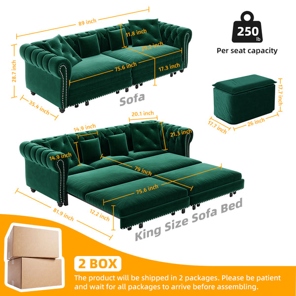 English Elm Chesterfield 3-In-1 Convertible Sleeper Sofa Bed With Movable Ottoman & Pillows - Stylish Green Velvet W1885S00176