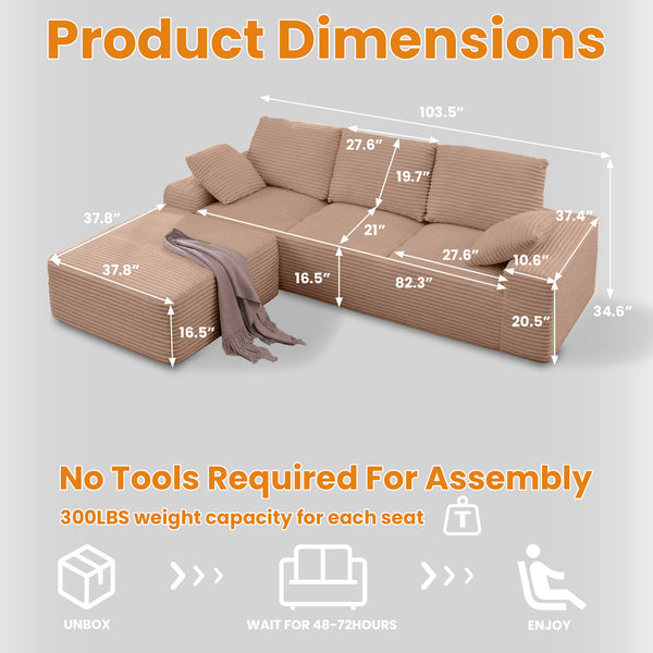 English Elm 103.5" Cloud Sectional Couch with L-Shape Chaise - No Assembly Modular Sofa, Plush Corduroy, Deep Seat Comfort Brown T3801S00007