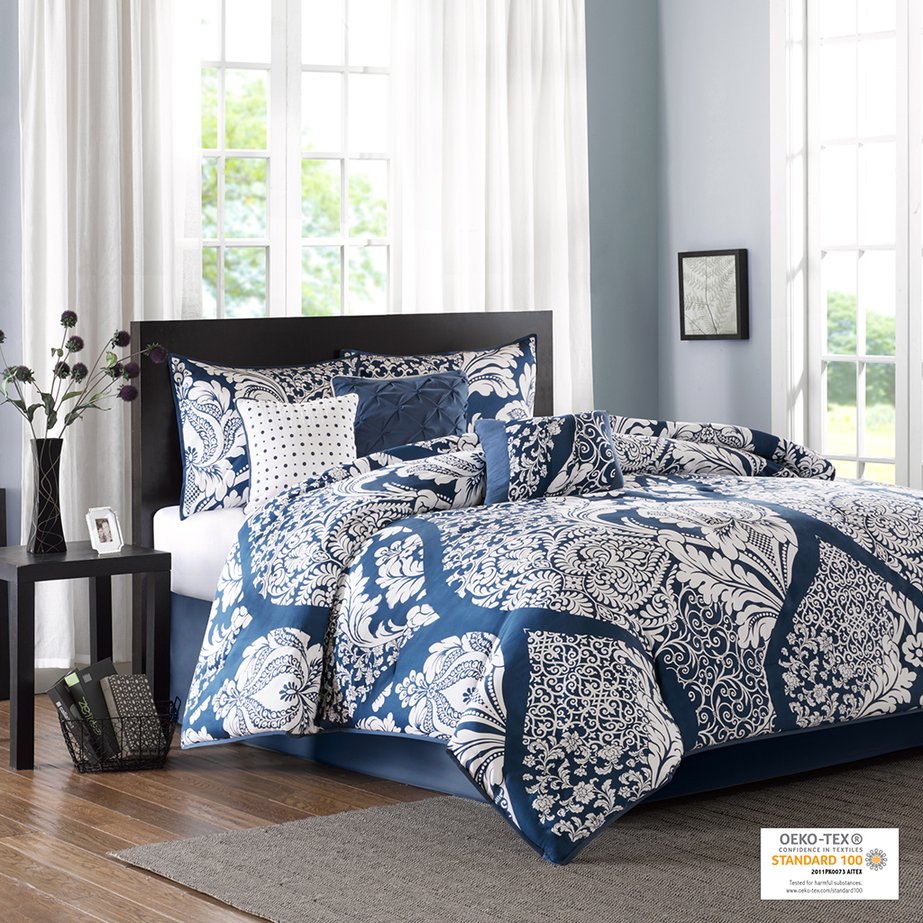 JLA Home Madison Park - 7 Madison Park Vienna Cotton Sateen Comforter Set – OEKO-TEX Certified Damask Elegance with Embroidered Pillows 90 L x 90 W x 1.5H MP10-3829