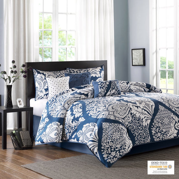 JLA Home Madison Park - 7 Madison Park Vienna Cotton Sateen Comforter Set – OEKO-TEX Certified Damask Elegance with Embroidered Pillows 90 L x 90 W x 1.5H MP10-3829