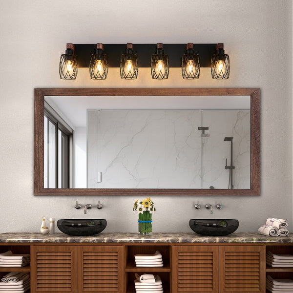 English Elm 38" Industrial Vintage 6-Light Wall Sconce Black Cage with Walnut Wood Accents for Bathroom Hallway Loft Ambience W2312P374840