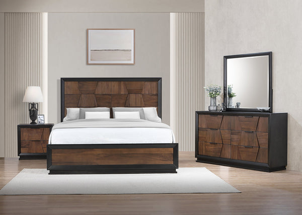 English Elm Houston Queen Panel Bed Set with Walnut Finish Dresser Mirror and Nightstand B009S01696