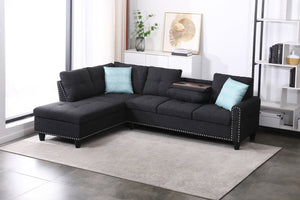 English Elm Black Faux Leather L Shaped Sectional with Cup Holders Nailhead Trim Storage Charcoal Grey B2730S00029