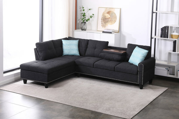 English Elm Black Faux Leather L Shaped Sectional with Cup Holders Nailhead Trim Storage Charcoal Grey B2730S00029