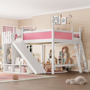 English Elm Queen Solid Pine Loft Bed with Wardrobe Shelves Detachable Slide and Dual Sleeping Zones Pink,White W5305S00026
