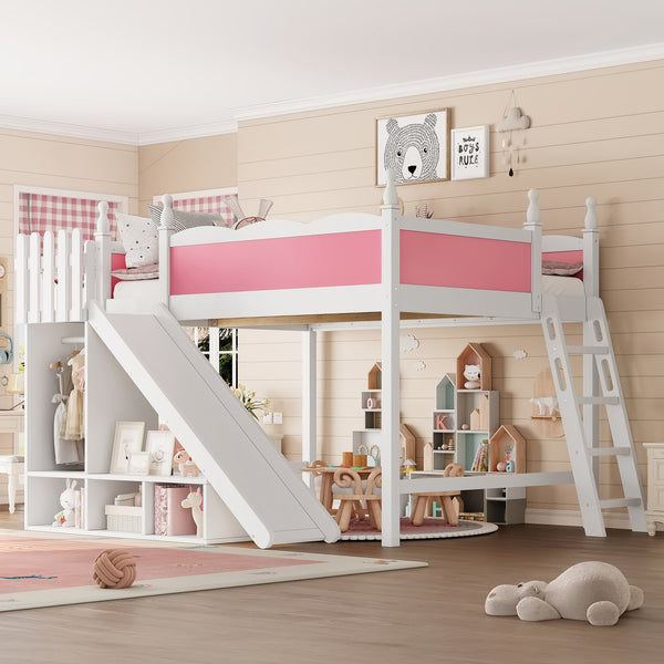 English Elm Queen Solid Pine Loft Bed with Wardrobe Shelves Detachable Slide and Dual Sleeping Zones Pink,White W5305S00026