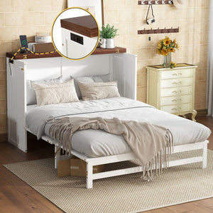 English Elm Murphy Cabinet Bed Full Pine Frame Built in Charging Station Drawer Studio Guest Room W504S00192